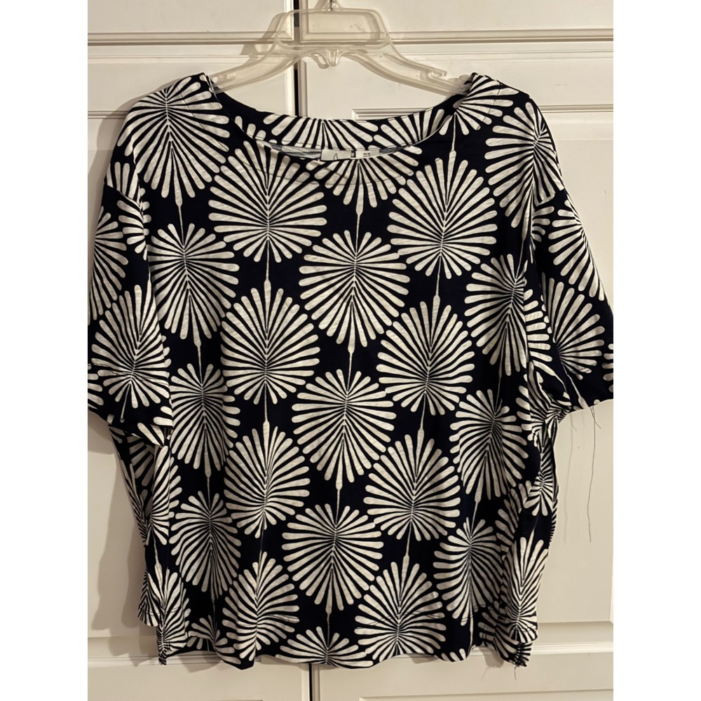 Joie Womens 1X Navy Blue White Palm Leaf Print Cotton Short Sleeve Top